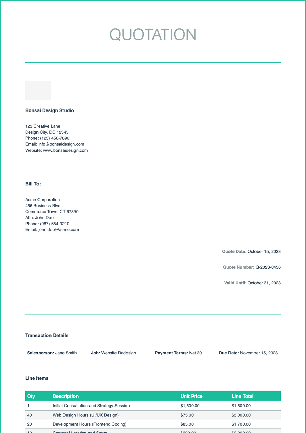 Professional business quote template with green accents and placeholder fields_variant_2